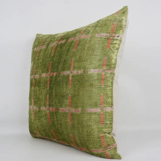 Green/Pink- Ikat Silk/Velvet Pillowcase | 20" x 20"