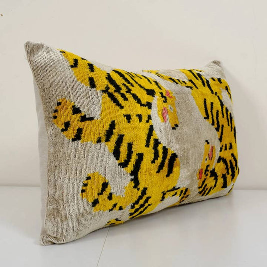 Tiger Silk Ikat Velvet Pillow, White | 16" x 24"