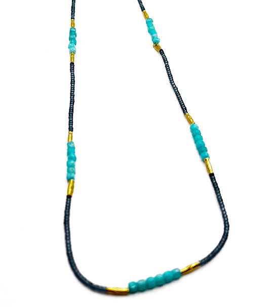DEBBIE FISHER | Grey Seed, Gold Vermeil and Amazonite Beads with Gold Fill Clasp Necklace