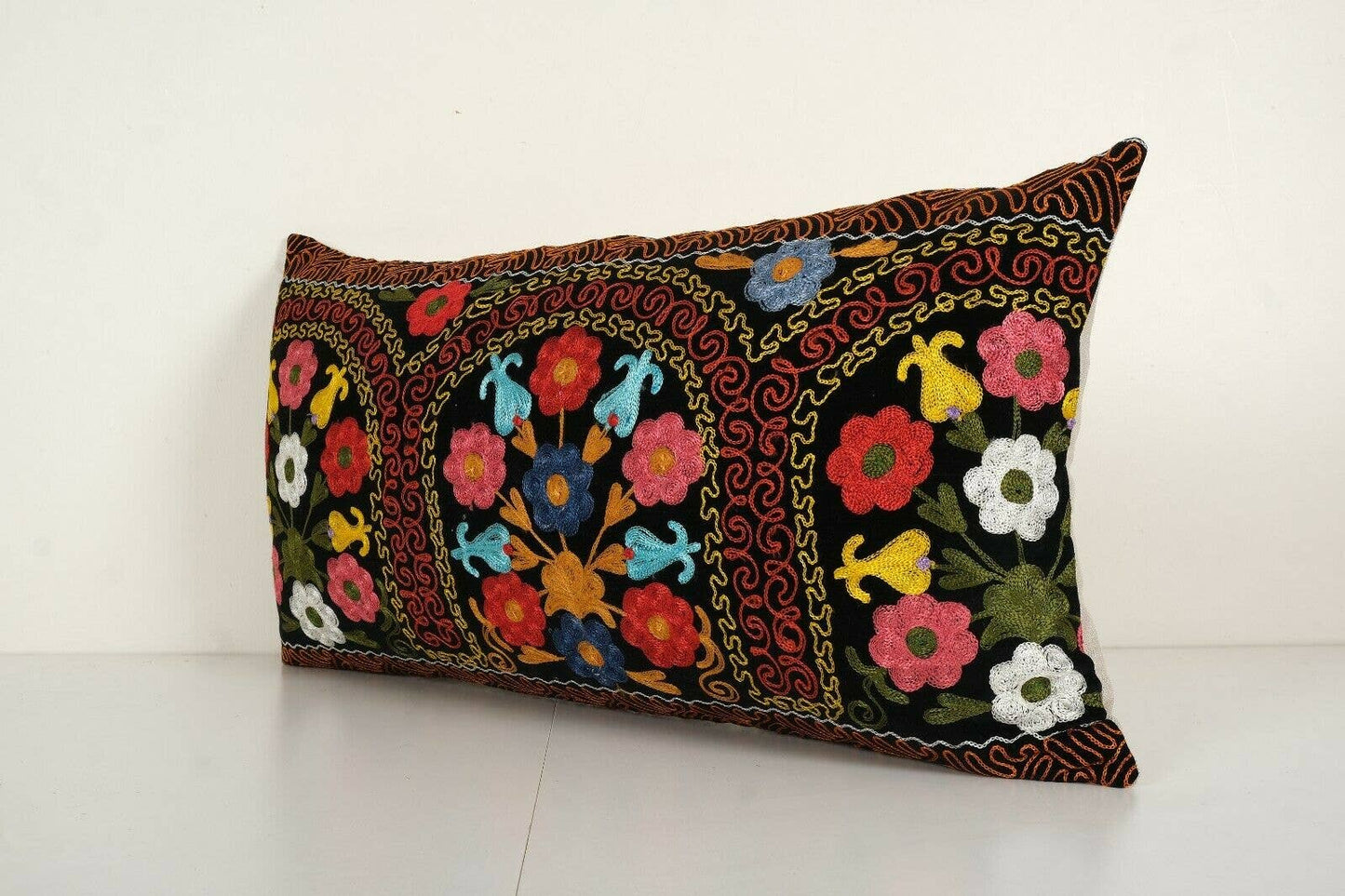 Suzani Embroidery Long Bedding Velvet Pillow | 16" x 30"