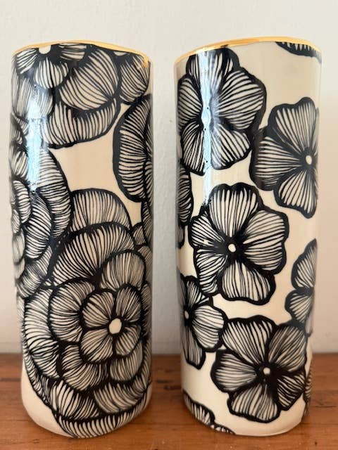 HSIEH CLAY | Handmade Large Ceramic Vase – Black Floral & 22K Gold Accent