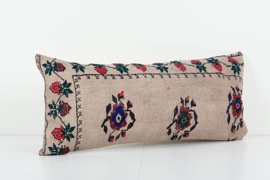 Vintage Aubusson Copper Floral Turkish Kilim Cushion | 12" x 28"