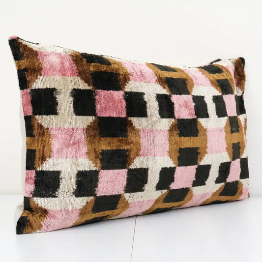 Pink and Brown Geometric Silk Ikat Pillow | 16" X 24"