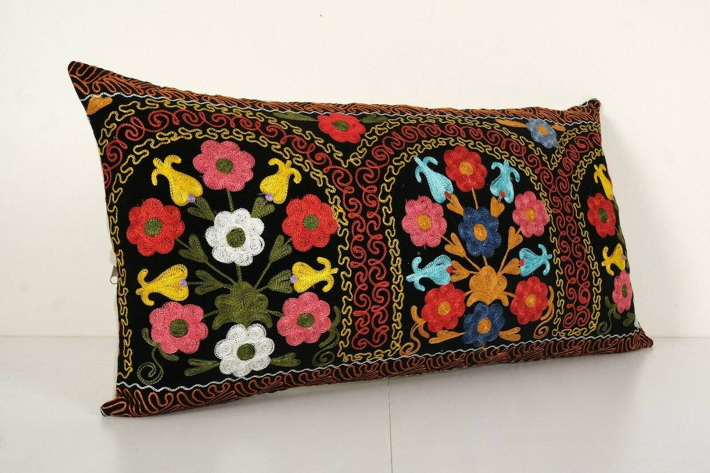 Suzani Embroidery Long Bedding Velvet Pillow | 16" x 30"
