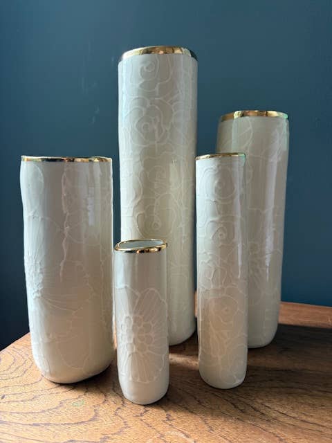 HSIEH CLAY | XL Handmade Ceramic Floral Tall & Wide Vase 22K Gold Accents