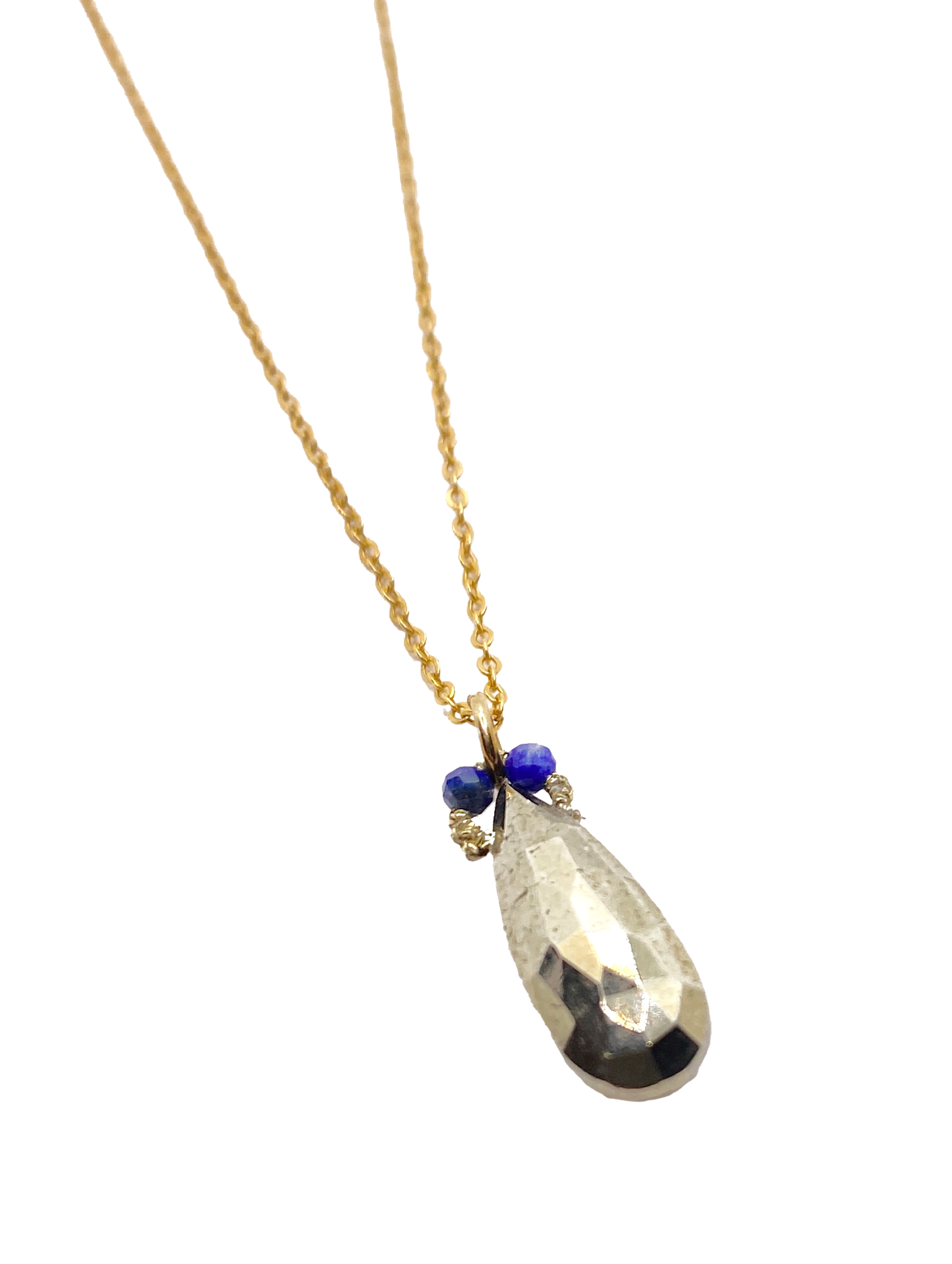 DANIELLE WELMOND | Pyrite Marquis Drop With Gold Cord and Black Spinel on Gold Plated Chain Necklace