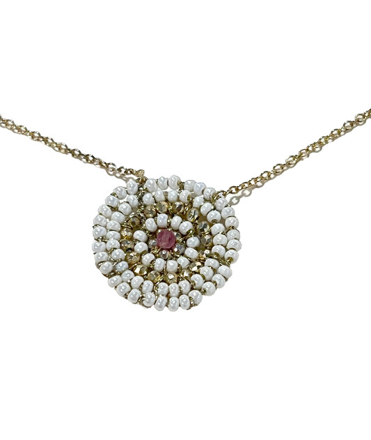 DANIELLE WELMOND | Woven Gold Cord Necklace w/ White Pearls, Gold Pyrite, and Pink Tourmaline on 14K Gold Vermeil Chain