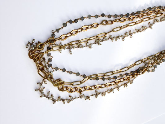 ROBIN HALEY | 14KY Gold Plated 4-Chain Paperclip Necklace, with Labradorite & Pearl, 18" length