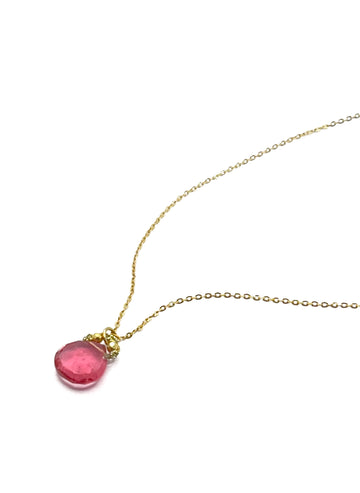 Danielle Welmond | Woven Gold Cord w/ Gold Pyrite Beads & Pink Quartz Drop on Gold Filled Chain