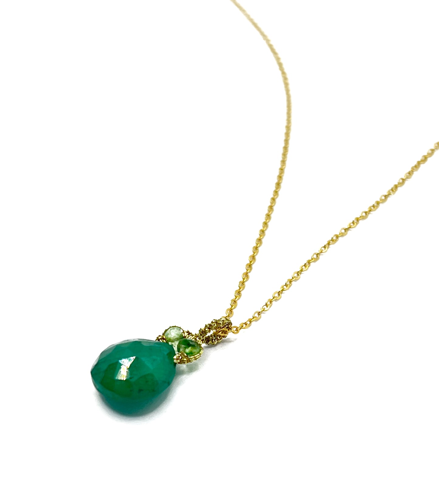 Danielle Welmond | Woven Gold Cord Necklace w/ Emerald and Green Apatite on Gold Filled Chain