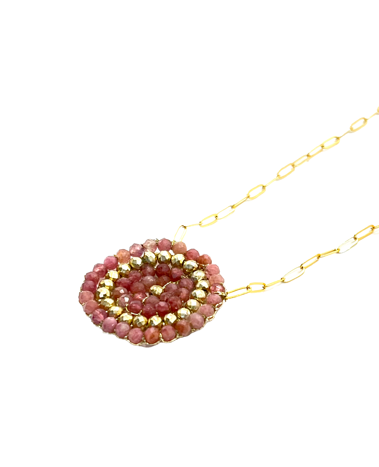 DANIELLE WELMOND | Woven Gold Cord w/ Pink Tourmaline and Gold Pyrite on Gold Filled Chain Necklace
