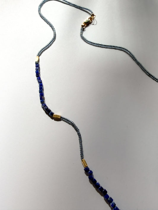 DEBBIE FISHER | Necklace of Grey Seed, Gold Vermeil, and Lapis Beads