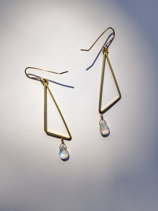 JADEWATER DESIGN | Gold Vermeil Trapezoid w Rainbow Moonstone Teardrop Earrings