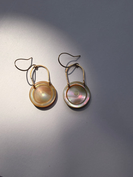 JADEWATER DESIGN | Gold Filled Horse Shoe Hangers w Large Iridescent Discs Earrings