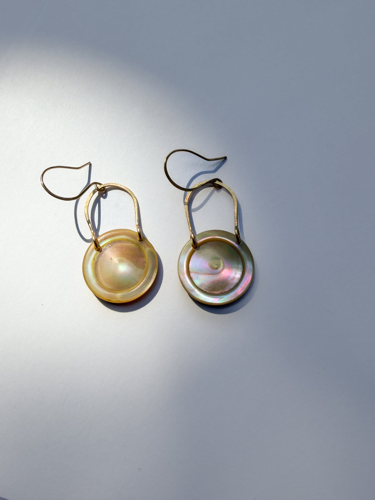 JADEWATER DESIGN | Gold Filled Horse Shoe Hangers w Large Iridescent Discs Earrings