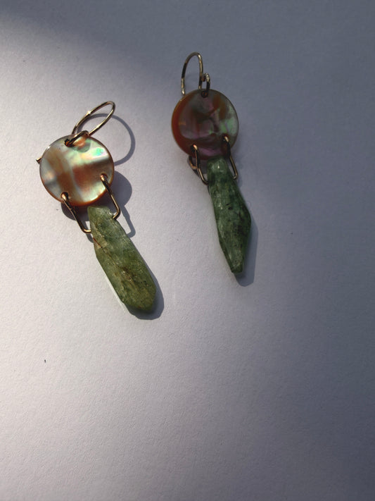 JADEWATER DESIGN | Iridescent Discs w Green Kyanite Drop Earrings