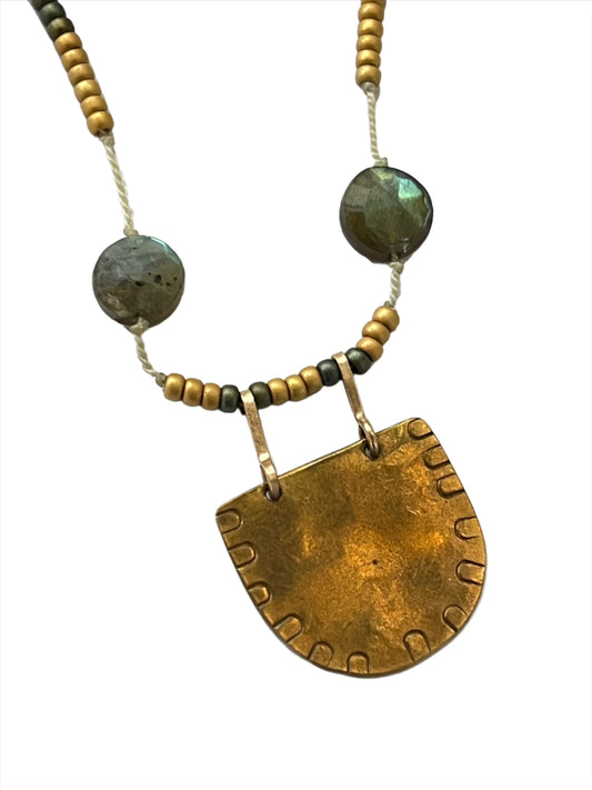 JADEWATER DESIGN | Hammered Bronze and Laborite on Silk Chord