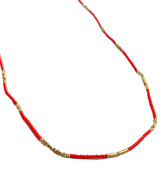 DEBBIE FISHER | Seed Beads with Mixed Gold Vermeil Beads Necklace-Coral