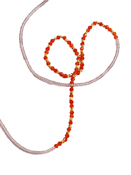DEBBIE FISHER | Clear Pink Seed, Carnelian and Gold Vermeil Beads w/ Gold Fill Clasp Necklace