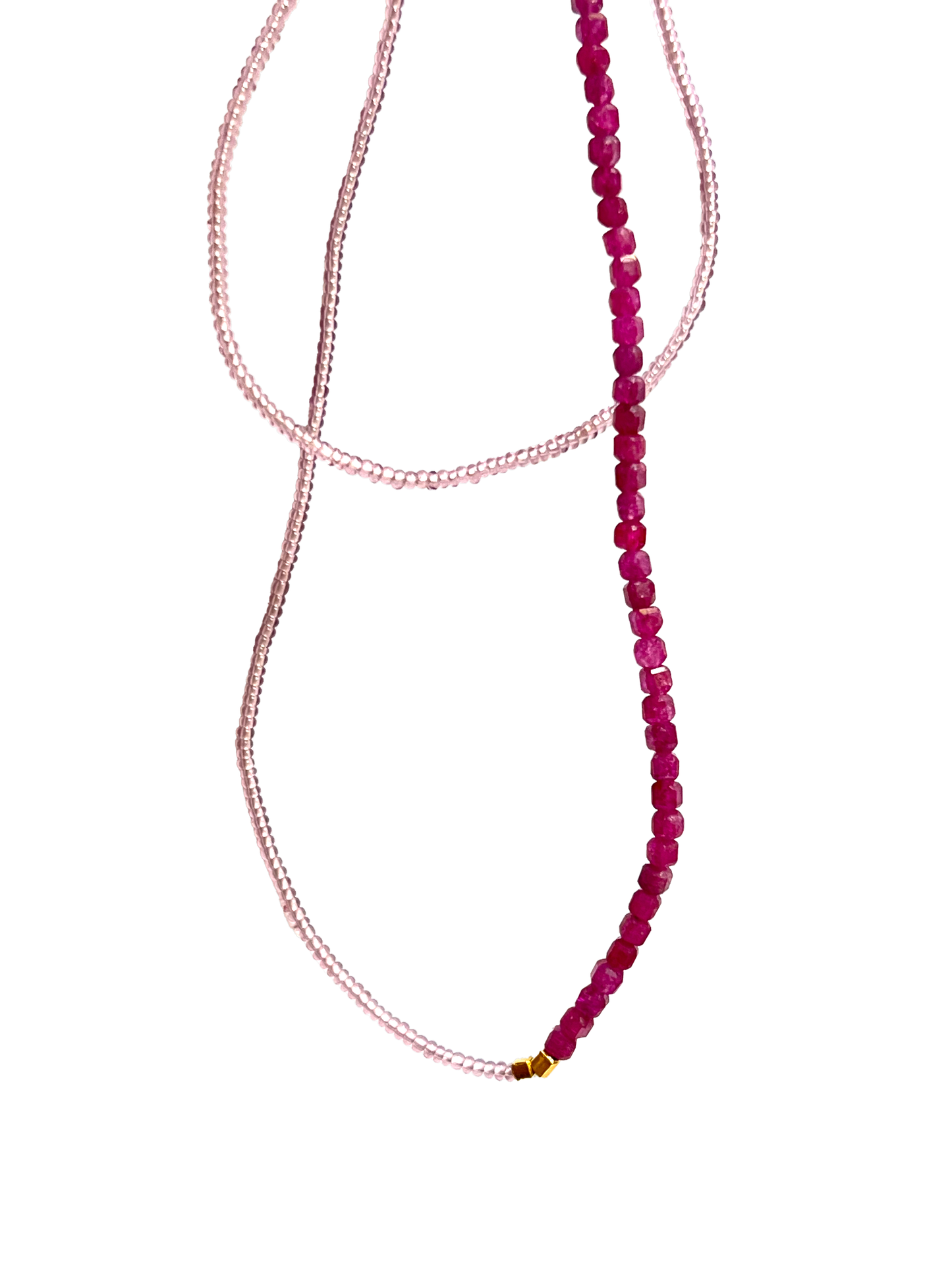DEBBIE FISHER | Pink Glass Seed, Gold Vermeil and Ruby Beads w/ Gold Fill Clasp Necklace