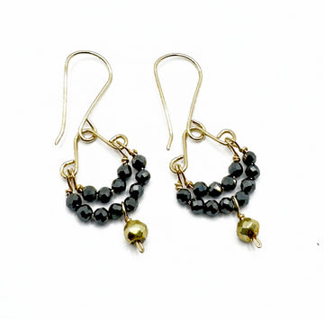 Black Spinel Beads with Pyrite Drop on Gold Fill Wire Earring