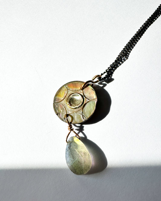 JADEWATER DESIGN | Spirograph Iridescent Button with Silver Cup, Labradorite Teardrop