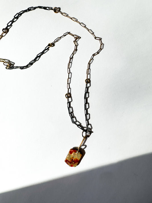 JADEWATER DESIGN | Carved Victorian Button with Gold Center; gold and silver chain