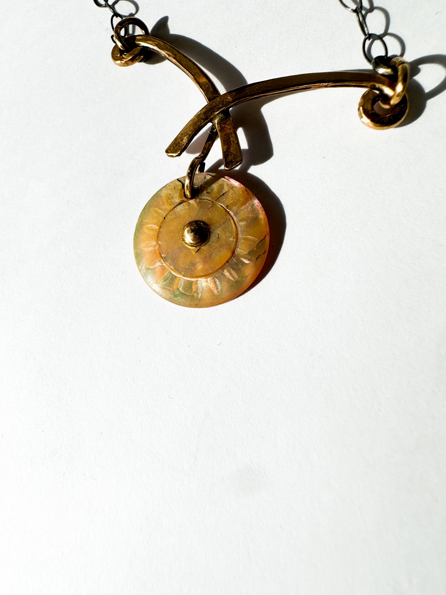 JADEWATER DESIGN | Antique White Carved Button with Gold Center on Curved Gold Handles