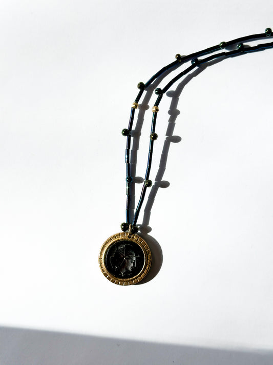 JADEWATER DESIGN | Antique Carved Obsidian Repurposed Cufflink on Beaded Chain