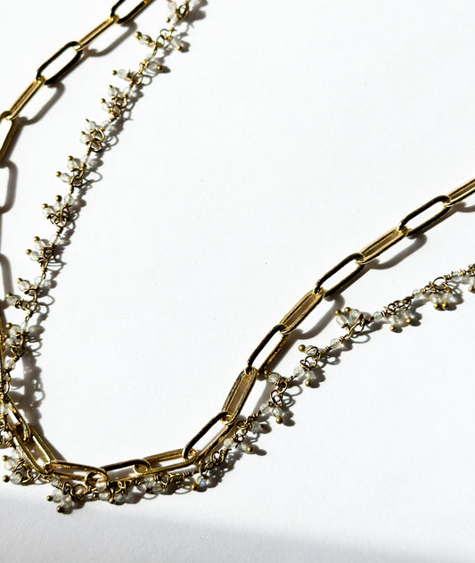ROBIN HALEY | Necklace - 14kt Gold Plated Paperclip Chain layered with London Blue Topaz