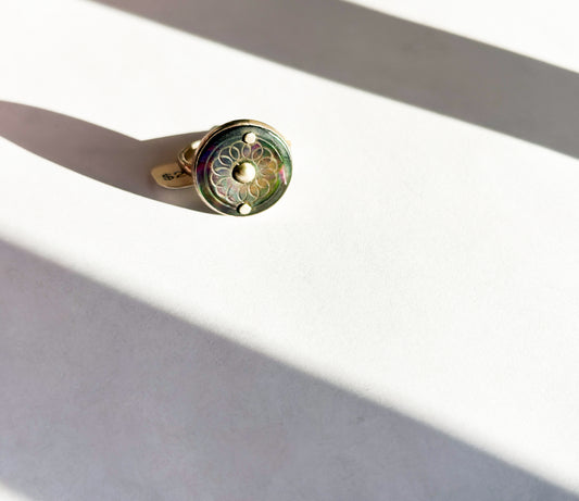 JADEWATER DESIGN | Dark Abalone Ring with Two Rivets and Silver Ball