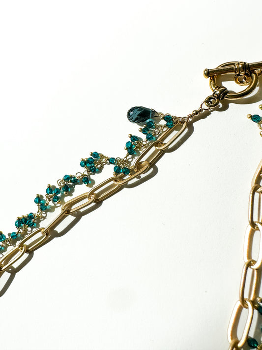 ROBIN HALEY | 14K Gold Plated Paperclip Chain layered with London Blue Topaz