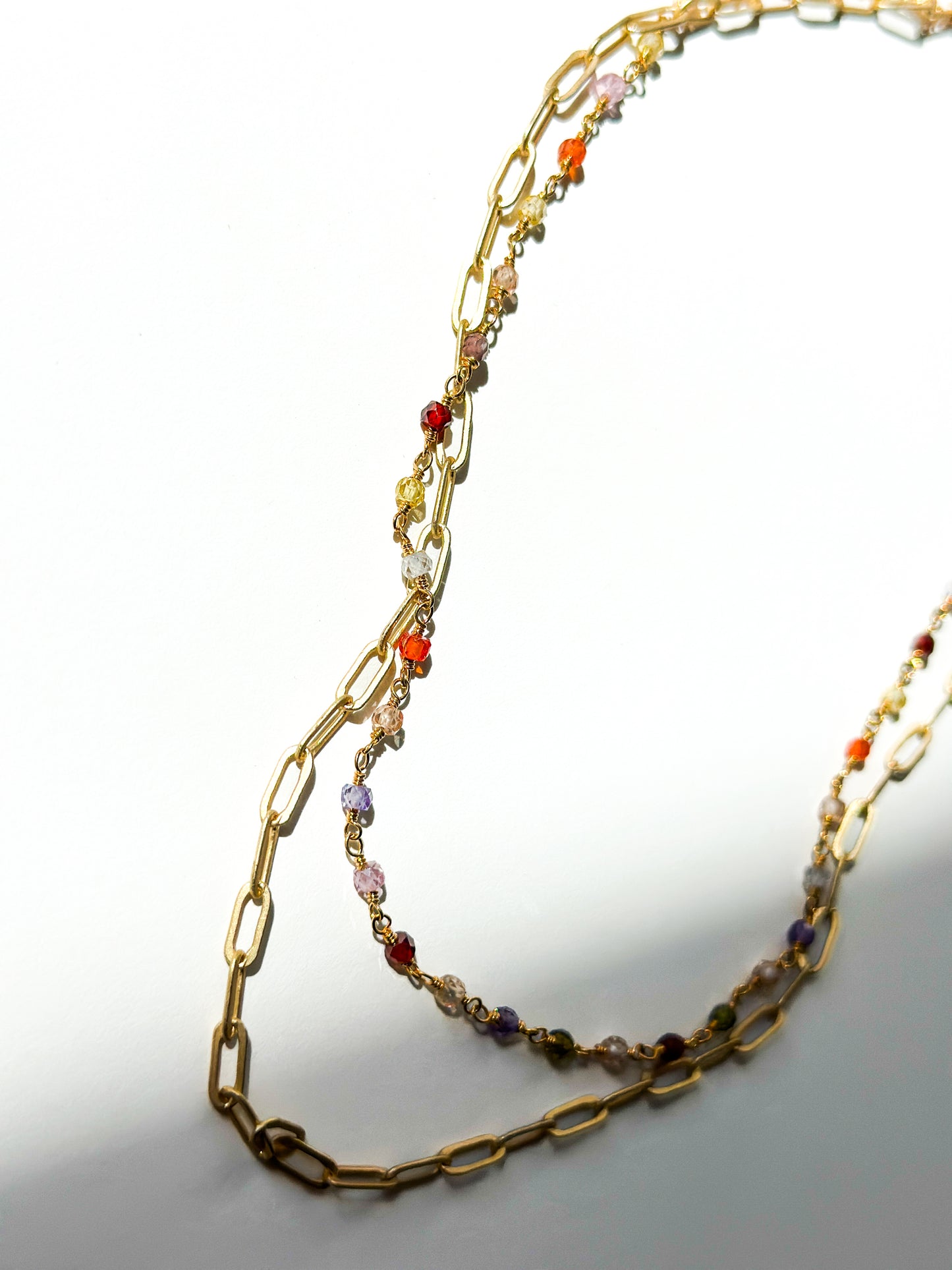ROBIN HALEY | 14K Gold Plated Paperclip Chain layered with Multicolored Gemstone
