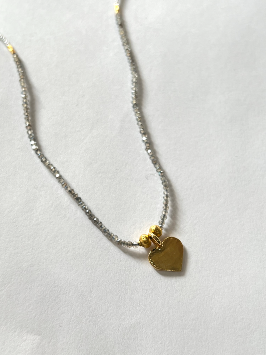 DEBBIE FISHER | Clear Seed Gold Vermeil and Mystic Labradorite w/ Heart Charm Necklace