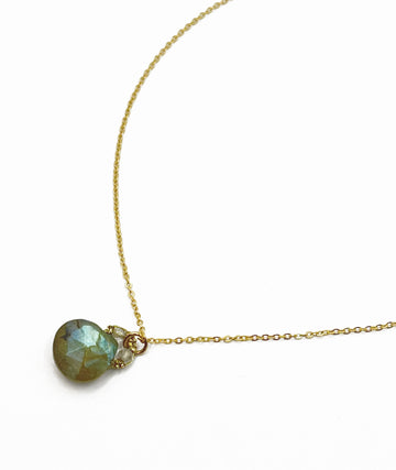 Danielle Welmond | Woven Gold Cord Necklace w/ Labradorite Drop and Beads on Gold Filled Chain