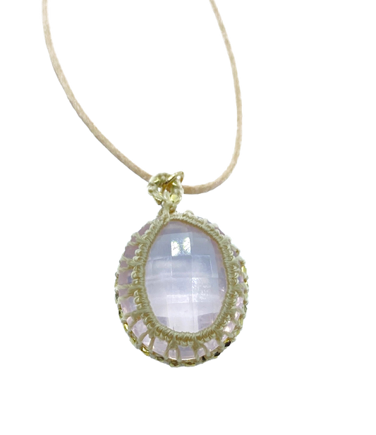 DANIELLE WELMOND | Caged Rose Quartz with Taupe Cord and 14kt Gold Vermeil Beads Necklace