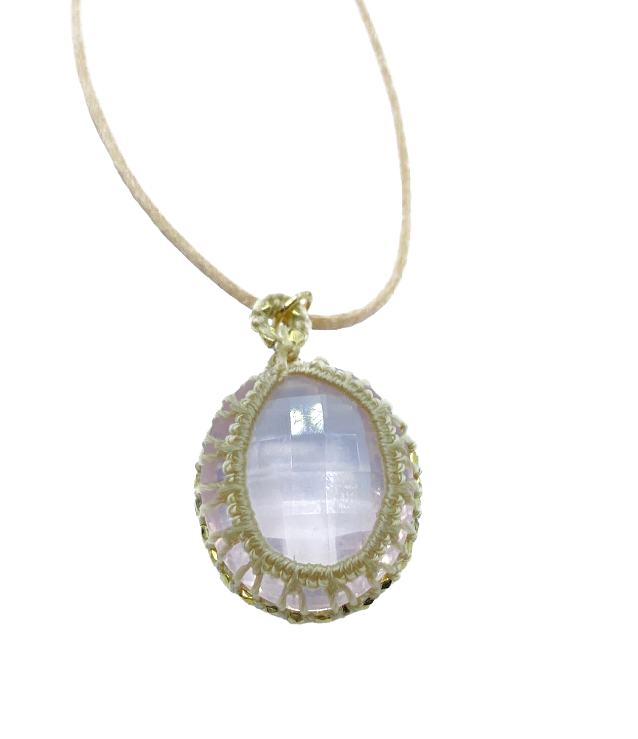 DANIELLE WELMOND | Caged Rose Quartz with Taupe Cord and 14kt Gold Vermeil Beads Necklace