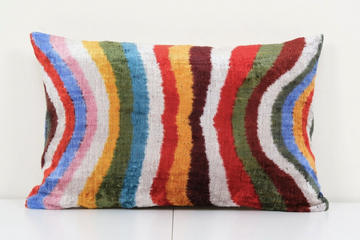 Colorful Ikat Velvet Pillow - Lumbar Silk Cushion | 16