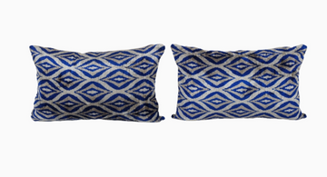 Set Silk Velvet Pillow Cover, Pair Blue Geometric Ikat | 15