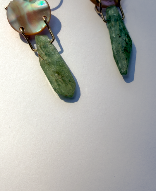 JADEWATER DESIGN | Iridescent Discs w Green Kyanite Drop Earrings