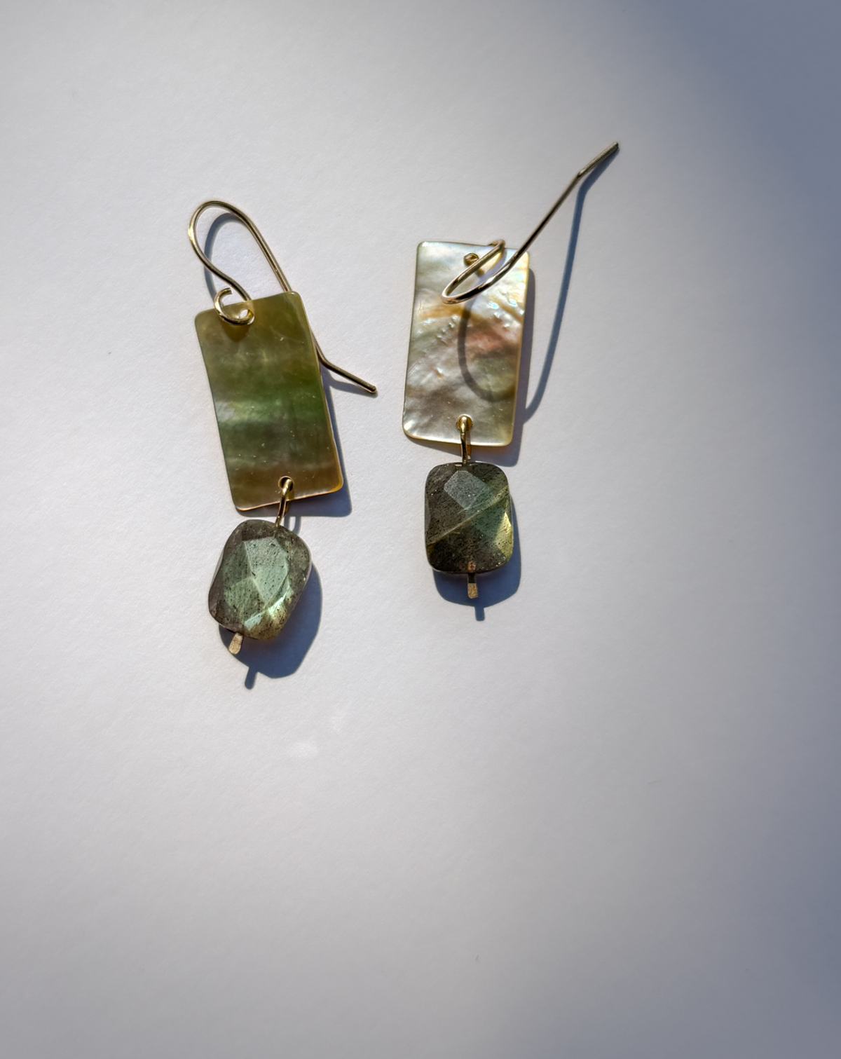 JADEWATER DESIGN | Iridescent Shell Rectangles w Labradorite Drop Earrings