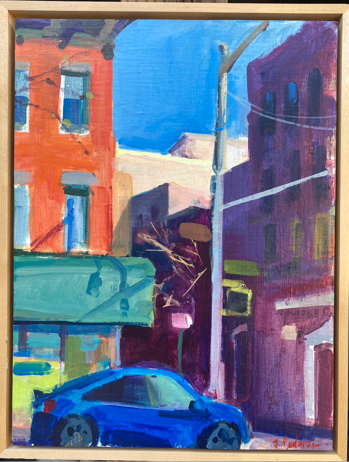 Brick Building, Blue Car by Janet Pedersen