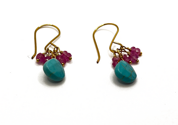 Turquoise and pink sapphire beads earring on gold fill wire earring