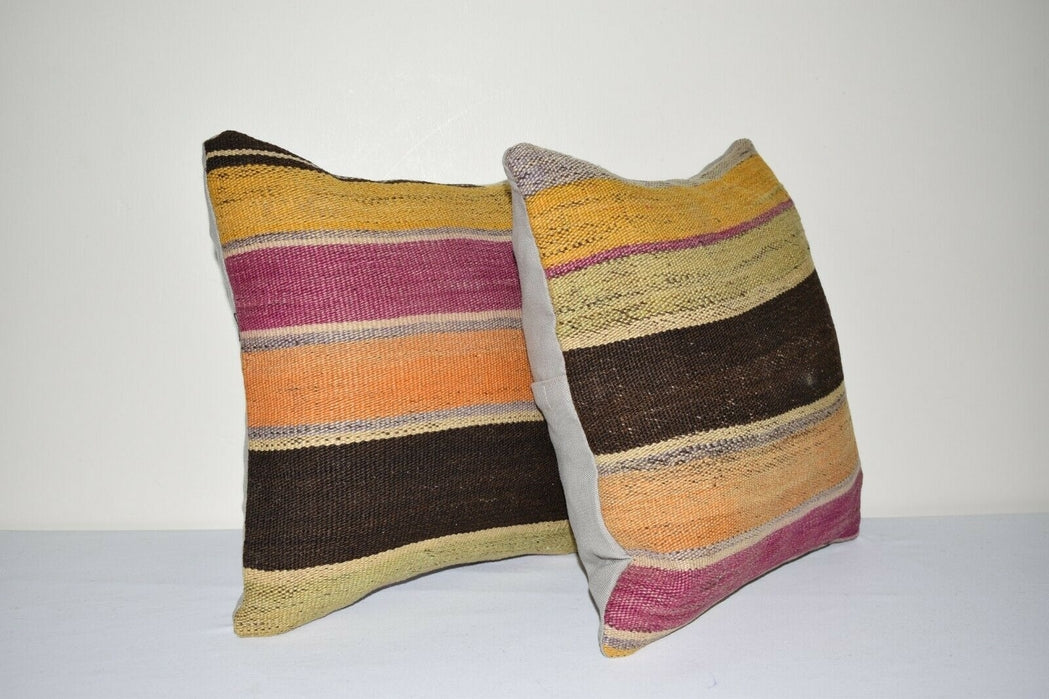 16" X 16" Set of Two Striped Turkish Kilim Pillow Cover