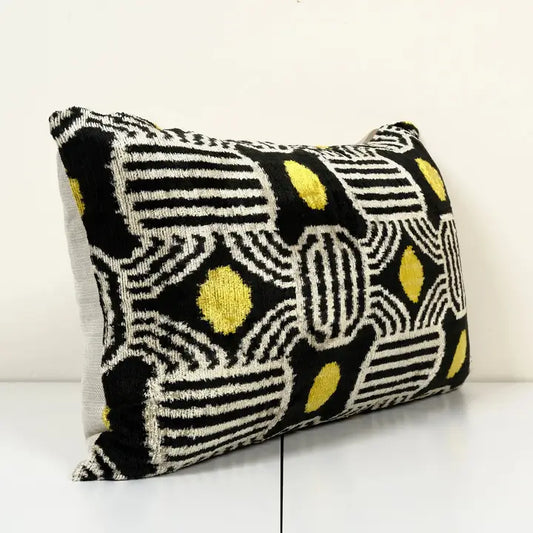 Black, White, and Yellow Geometric Silk Ikat Velvet Pillow | 16" x 24"