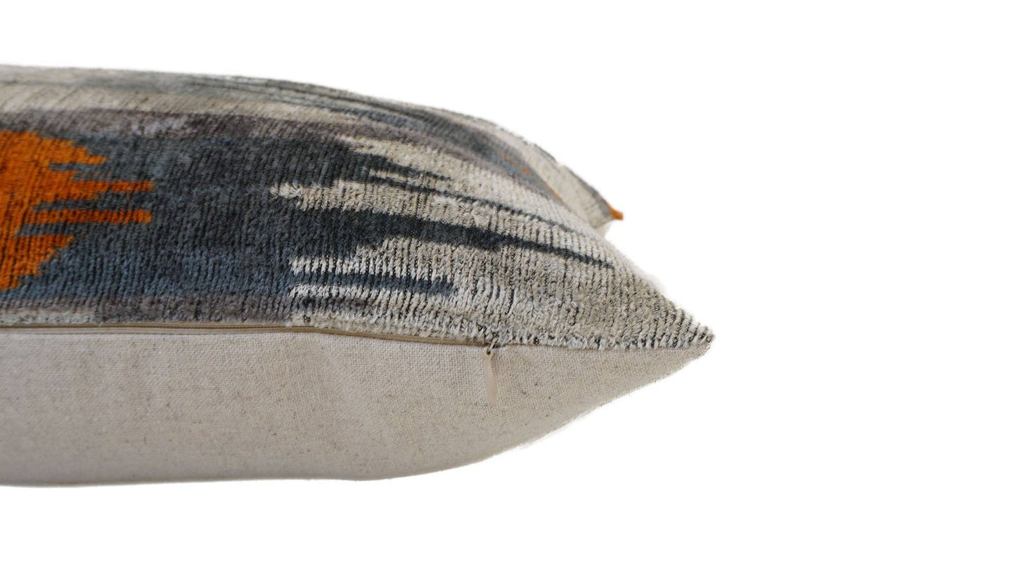 Orange and Grey Silk Ikat Velvet Pillow | 16" x 24"