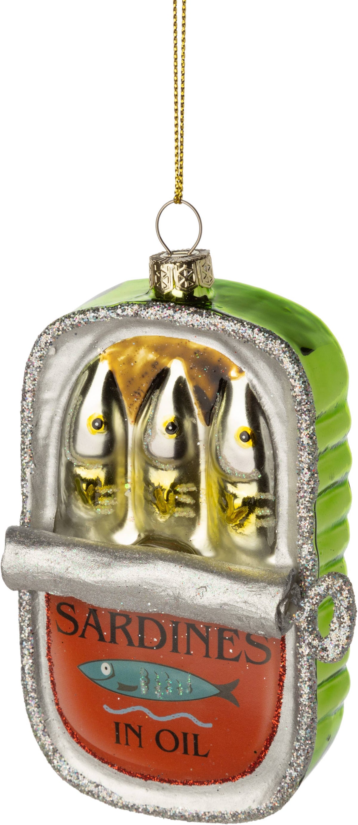 A45254:Glass sardine can ornament with key, 4.75 in