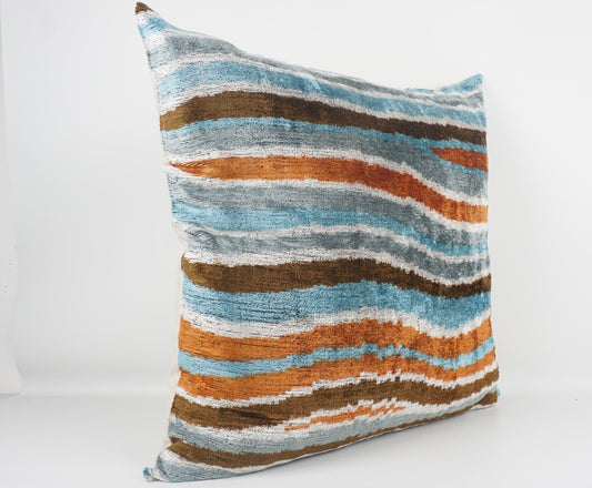 Handmade Ikat Silk/Velvet Blue Orange Pillowcase | 24" x 24"