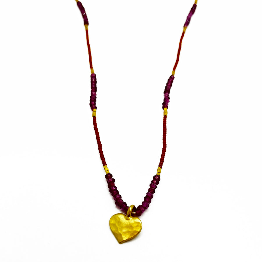 Seed Beads, Gold Vermeil and Garnet with Heart Charm Necklace