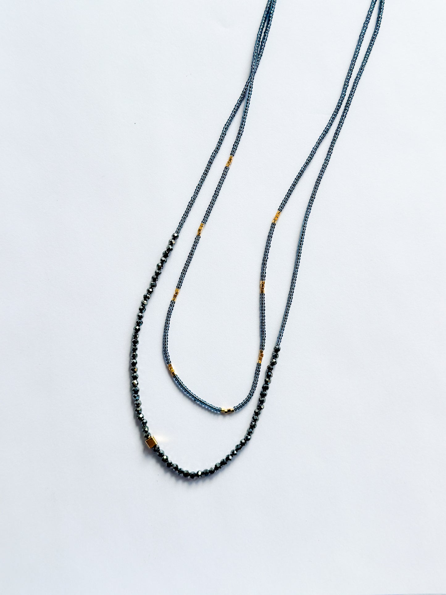 DEBBIE FISHER | Grey Seed, Gold Vermeil and Black Spinel Beads with Gold Fill Clasp Double Necklace